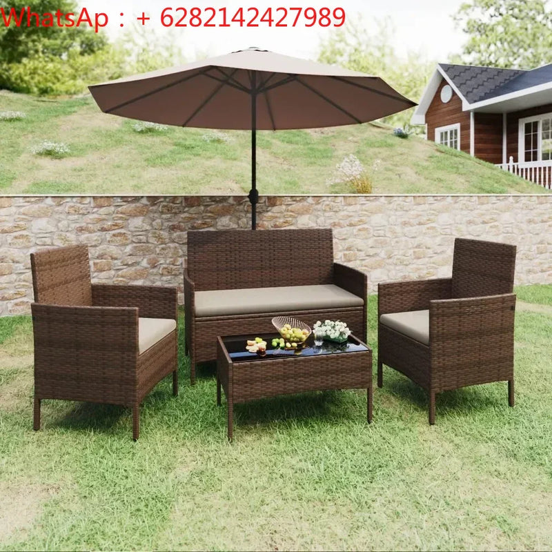 Outdoor Rattan Sofa Set of 4 with Soft Cushion and Glass Table