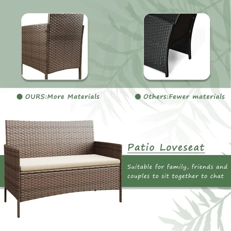 Outdoor Rattan Sofa Set of 4 with Soft Cushion and Glass Table