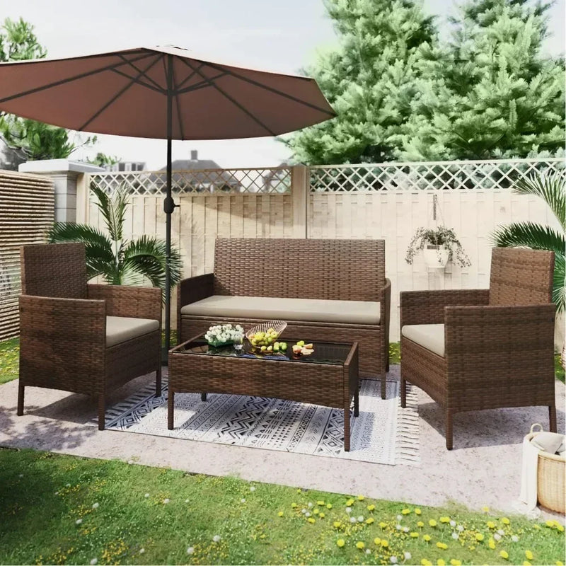 Outdoor Rattan Sofa Set of 4 with Soft Cushion and Glass Table